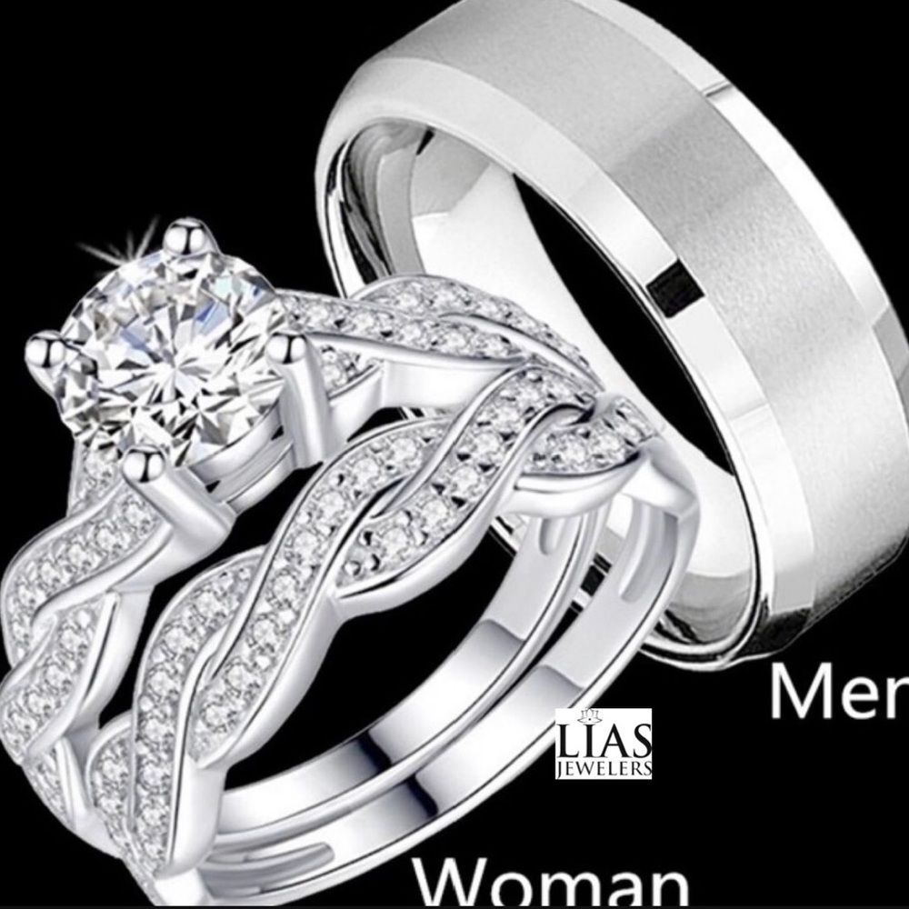 New 18k white gold wedding ring set His and Hers men’s wedding band and women